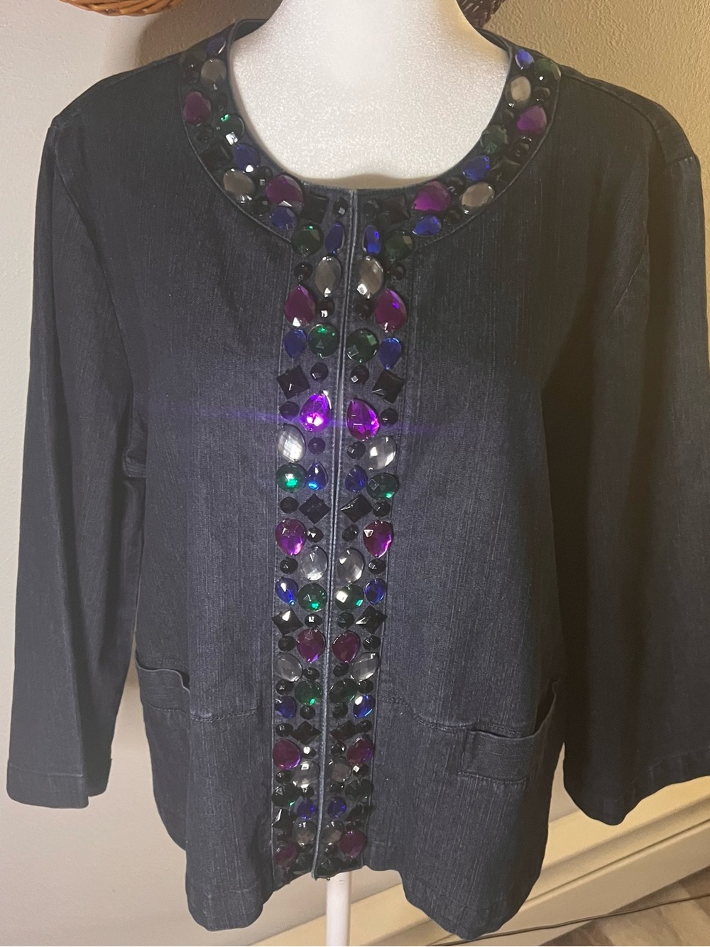 Ruby Rd Embellished Bejeweled Denim Jacket Size 16 Collarless Bling Coat
